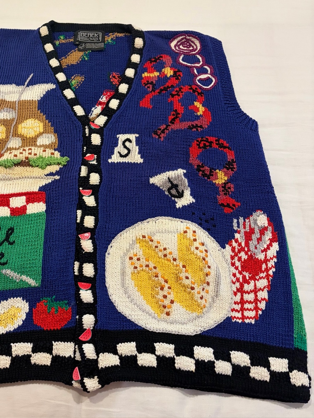 Vintage Berek Royal Blue Knit Vest with Playful Multicolor Embroidery of Picnic
